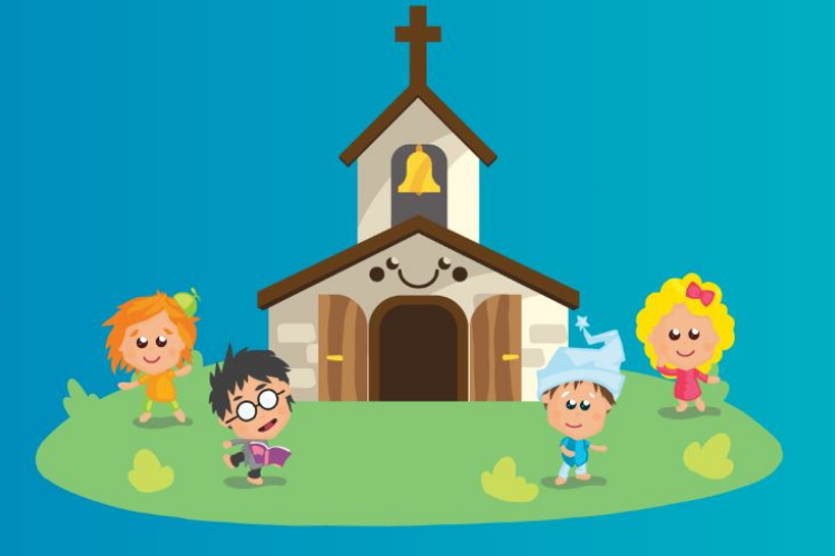piirretty kirkko ja lapsia